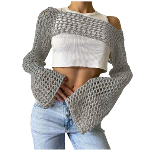 Damen Y2K Crochet T-Shirt Frauen Langarm Crop Top Einfarbig Top One-Shoulder Crochet Aushöhlen Pullover Cover Up Strickwaren Pullover von Generic