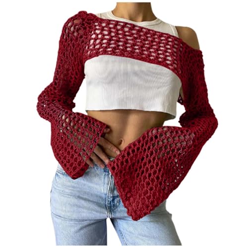Damen Y2K Crochet T-Shirt Frauen Langarm Crop Top Einfarbig Top One-Shoulder Crochet Aushöhlen Pullover Cover Up Strickwaren Pullover von Generic