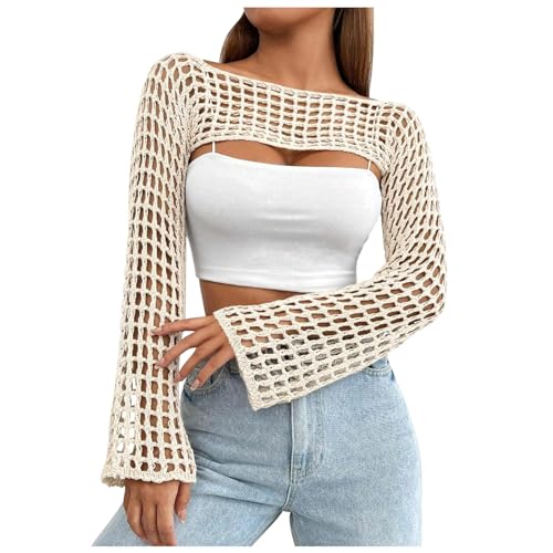 Damen Y2K Crochet T-Shirt Frauen Langarm Crop Top Einfarbig Top One-Shoulder Crochet Aushöhlen Pullover Cover Up Strickwaren Pullover von Generic