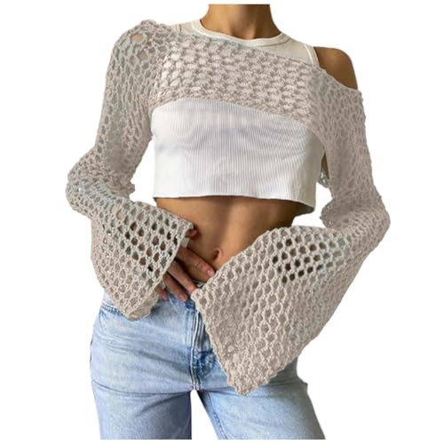 Damen Y2K Crochet T-Shirt Langarm Crop Top Einfarbig Top Aushöhlen Pullover Cover Up für Urlaub, Pool, Strand und Party von Generic