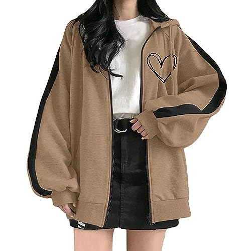 Damen Y2K Zip Up Hoodies Harajuku Sweatshirt Vintage Kapuzenjacke Kordelzug Sweatjacke 90er E-Girl Oversized Jacke von Generic