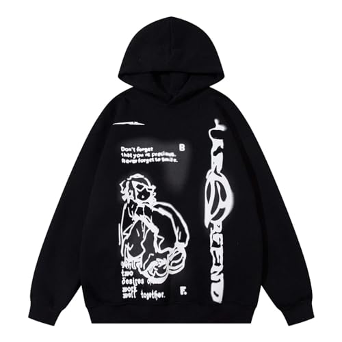 Damen Y2KK Hoodie Oversized Vintage Kapuzenpullover Goth Graphic Brief Gedruckt Pullover HarajukuU Hip Hop Hoodies Mantel Casual Oberteil Sport Streetwear Sweatshirt mit Kapuze 90er E-Girl (Black, S) von Generic