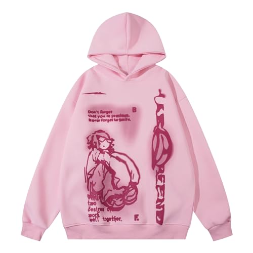 Damen Y2KK Hoodie Oversized Vintage Kapuzenpullover Goth Graphic Brief Gedruckt Pullover HarajukuU Hip Hop Hoodies Mantel Casual Oberteil Sport Streetwear Sweatshirt mit Kapuze 90er E-Girl (Pink, S) von Generic