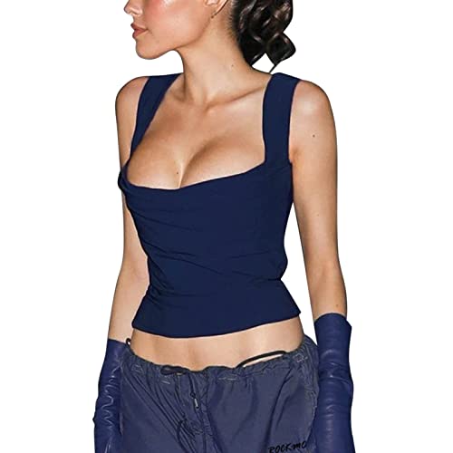 Damen Y2k Crop Tank Tops Square Neck Low-Cut Einfarbig Kurz Tops Ärmellos Slim Navel Camis Weste Camis (Blau, M) von Generic