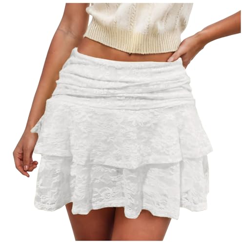 Damen Y2k Spitze Minirock Rüschen Plissiert Halber Slip Rock Midi Rise Geschichtet Fließend Kurzer Rock Streetwear Y2k Spitze Minirock Low Rise Rüschen Saum Falten Kurz Rock Sommer Flowy A Linie von Generic