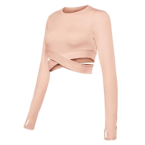 Damen Yoga Crop Tops Rosa Sport Gym Langarm T-Shirts Top Taille Cross Wrap Fitness Workout Laufshirts Tops,Rosa,S von Generic