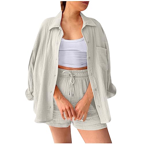 Damen Zweiteiler Outfit Sommer Freizeitanzug Einfarbig Revers Button Down Hemd und Shorts Set Casual Loungewear Hosenanzug Y2K Streetwear von Generic