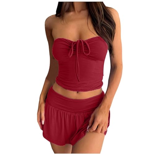 Damen Zweiteiler Outfit Trägerlos Tube Top​ Minirock Sexy Set Sommer Elegant Y2k Outfits Damen Einfarbig Zweiteiler Outfit Damen Schulterfrei Tube Top Y2K Crop Top Sommer Bandeau Top für Strand Tops von Generic