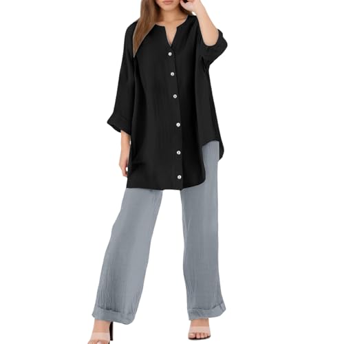 Damen Zweiteiler Sets Musselin Bluse Hemd und Lang Hose Sommer Clothes Aesthetic Zweiteiler Lounge Set Strand Outfit Elegant Set Freizeit Women Große Größe von Generic