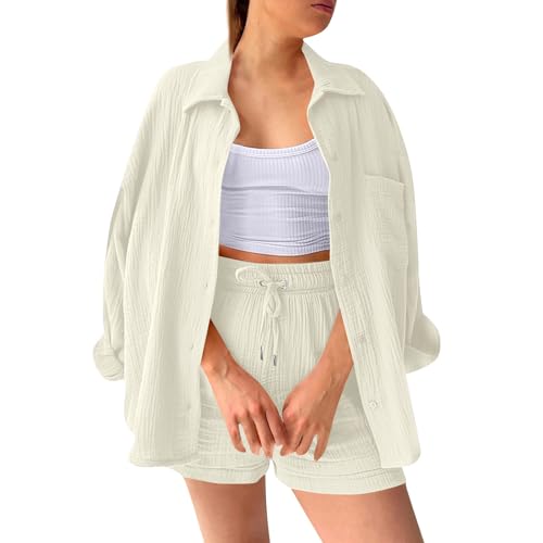 Damen Zweiteiler Sommer,Leinen Set Damen,Zweiteiler Damen Elegant Sommer Musselin Bluse Hemd und Shorts Clothes Aesthetic Zweiteiler Lounge Set Strand Outfit Set Two Piece Set Women,Weiß,L von Generic