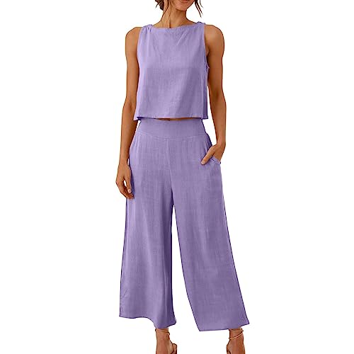 Damen Zweiteiler Sommer Baumwolle Und Leinen, Musselin Set Elegant Schicke, Ärmelloses Weste Bauchnabel Top Kurze Hose Mit Weitem Bein Und Taschenset, Günstig Sommer Outfits Leicht Und Luftig von Generic