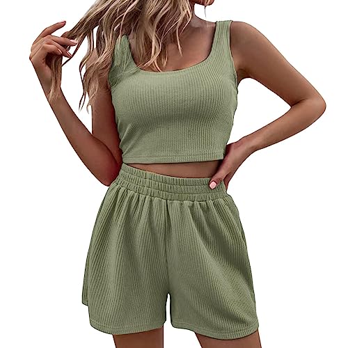 Damen Zweiteiler Sommer Hosenanzug Elegant Outfits Kleidung 2 Teiler Set Crop Tank Top + Shorts Y2k Aesthetic Clothes Workout Sport Anzug Träger Bauchfrei Tops Camisole Kurze Hose 2-Teiler Home Set von Generic