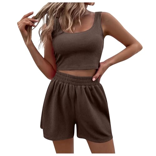 Damen Zweiteiler Sommer Hosenanzug Elegant Outfits Kleidung 2 Teiler Set Crop Tank Top + Shorts Y2k Aesthetic Clothes Workout Sport Anzug von Generic