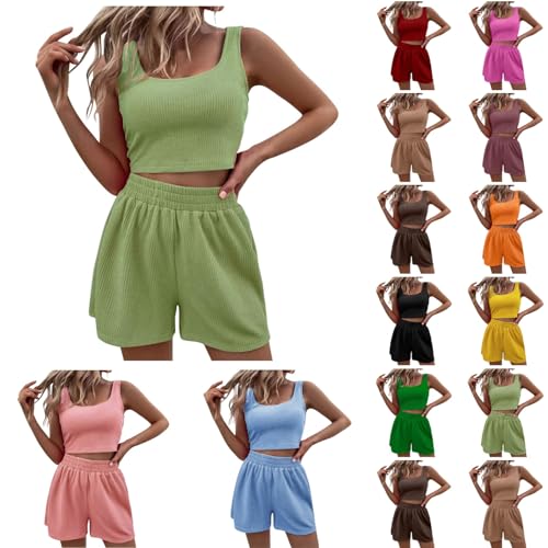 Damen Zweiteiler Sommer Hosenanzug Elegant Outfits Kleidung 2 Teiler Set Crop Tank Top + Shorts Y2k Aesthetic Clothes Workout Sport Anzug von Generic