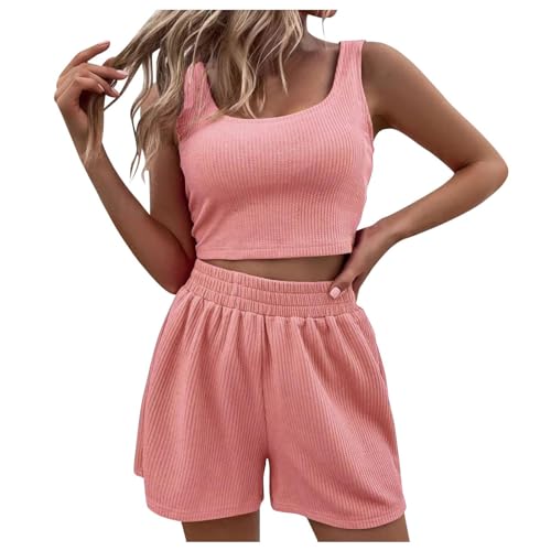 Damen Zweiteiler Sommer Hosenanzug Elegant Outfits Kleidung 2 Teiler Set Crop Tank Top + Shorts Y2k Aesthetic Clothes Workout Sport Anzug von Generic