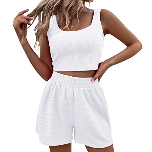 Damen Zweiteiler Sommer Hosenanzug Elegant Outfits Kleidung 2 Teiler Set Crop Tank Top + Shorts Y2k Aesthetic Clothes Workout Sport Anzug von Generic