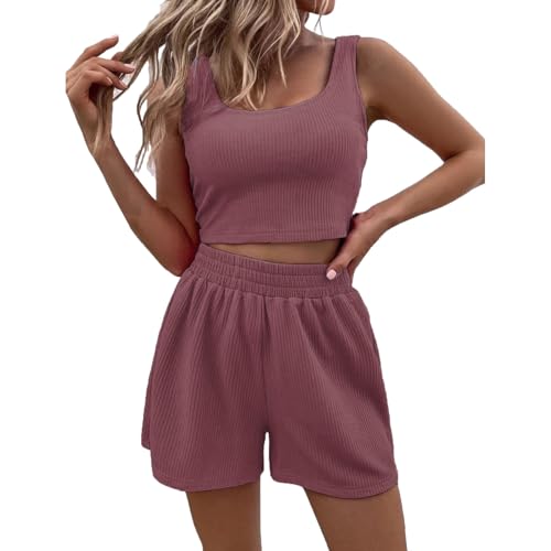 Damen Zweiteiler Sommer Hosenanzug Elegant Outfits Kleidung 2 Teiler Set Crop Tank Top + Shorts Y2k Aesthetic Clothes Workout Sportanzug Kurze Lounge Sets Freizeitanzug Loungewear für Strand Urlaub von Generic