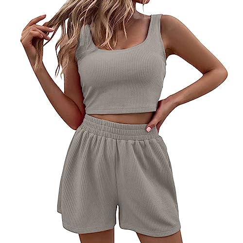 Damen Zweiteiler Sommer Hosenanzug Elegant Outfits Kleidung 2 Teiler Set Crop Tank Top + Shorts Y2k Aesthetic Clothes Workout Sportanzug Kurze Lounge Sets Freizeitanzug Loungewear für Strand Urlaub von Generic