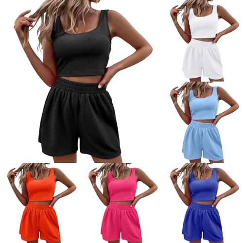 Damen Zweiteiler Sommer Hosenanzug Elegant Outfits Kleidung 2 Teiler Set Crop Tank Top + Shorts Y2k Aesthetic Sommer Zweiteiler Clothes Workout Sport Anzug von Generic