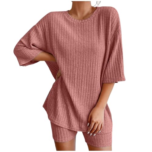 Damen Zweiteiler Sommer Hosenanzug Elegant Outfits Kleidung 2 Teiler Set Musselin Top + Shorts Y2k Aesthetic Clothes Workout Sport Anzug Strand Outfit 2 Teiler Set (01 Orange, M) von Generic