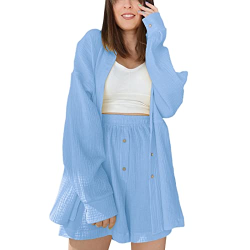 Damen Zweiteiler Sommer Langarmshirt Einfarbig Bluse Hemd + Shorts Hose Top 2 Teilig Set Elegant Freizeitanzug Streetwear Outfit Hausanzug Damen Sportanzug Jogginganzug Trainingsanzug Sets von Generic