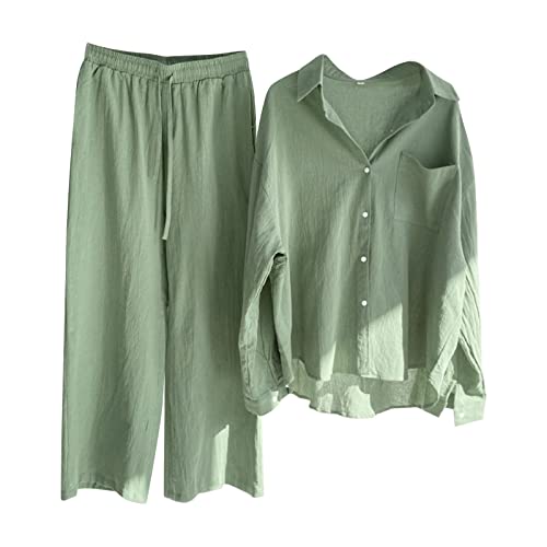 Damen Zweiteiler Sommer Outfits Bluse Langarm mit Taschen+ Leinenhose Baggy Leichte Freizeitanzug Baumwolle Leinen Set Einfarbig Hausanzug Frauen Damen Zweiteiler Sommer Outfits Bluse Langarm mit Taschen+ Leinenhose Baggy Leichte Freizeitanzug Baumwolle Leinen Set Einfarbig Hausanzug Frauen von Generic