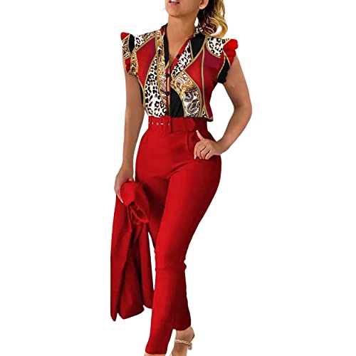 Damen Zweiteiler Sommer Rüsche Blumen Bluse Top Shirt + Lang Hose 2 Teilig Set Elegant Freizeitanzug Streetwear Outfit Hausanzug Damen Sportanzug Jogginganzug Trainingsanzug Sets von Generic