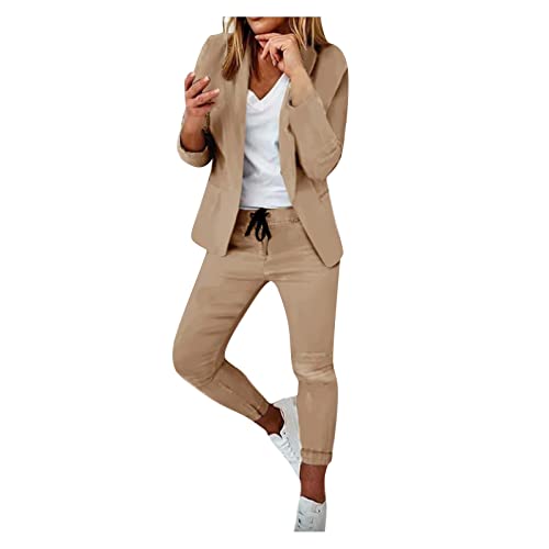 Damen Zweiteiliger Anzug Set Business Hosenanzug Büro Business Formal Blazer Langarm Anzugjacke Hosenanzug Slim Fit Hose 2 Stück Anzug Karo Kariert Zweiteiler Slimfit Streetwea (61-Khaki, L) von Generic