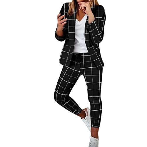 Damen Zweiteiliger Anzug Set Business Hosenanzug Büro Business Formal Blazer Langarm Anzugjacke Hosenanzug Slim Fit Hose 2 Stück Anzug Karo Kariert Zweiteiler Slimfit Streetwea von Generic