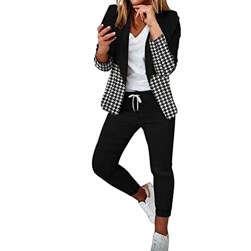 Damen Zweiteiliger Anzug Set Revers Büro Business Formal Blazer Langarm Anzugjacke Hosenanzug Slim Fit Hose (B2 Weiß, XL) von Generic