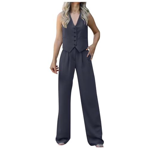 Damen Zweiteiliger Set Elegant Business V-Ausschnitt Ärmellos Weste Hose 2 Stück Casual Leinen Outfit Sets Button Down Lange Hosen Business- 2-teiliges Outfits von Generic
