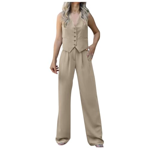 Damen Zweiteiliger Set Elegant Business V-Ausschnitt Ärmellos Weste Hose 2 Stück Casual Leinen Outfit Sets Button Down Lange Hosen Business- 2-teiliges Outfits von Generic
