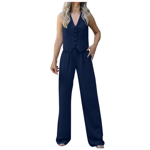 Damen Zweiteiliger Set Elegant Business V-Ausschnitt Ärmellos Weste Hose 2 Stück Casual Leinen Outfit Sets Button Down Lange Hosen Business- 2-teiliges Outfits von Generic