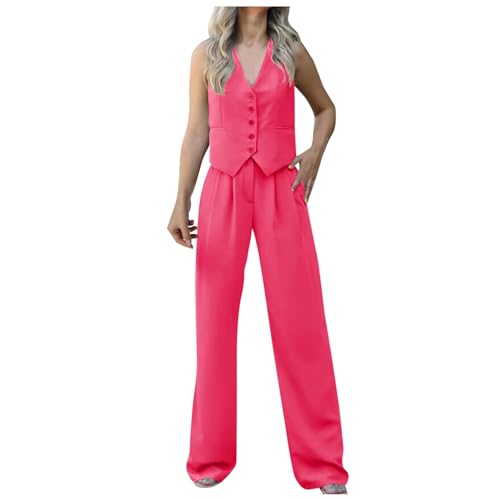 Damen Zweiteiliger Set Elegant Business V-Ausschnitt Ärmellos Weste Hose 2 Stück Casual Leinen Outfit Sets Button Down Lange Hosen Business- 2-teiliges Outfits von Generic