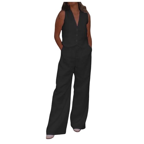 Damen Zweiteiliger Set Elegant Business V-Ausschnitt Ärmellos Weste Hose 2 Stück Casual Leinen Outfit Sets Button Down Lange Hosen Business- 2-teiliges Outfits von Generic