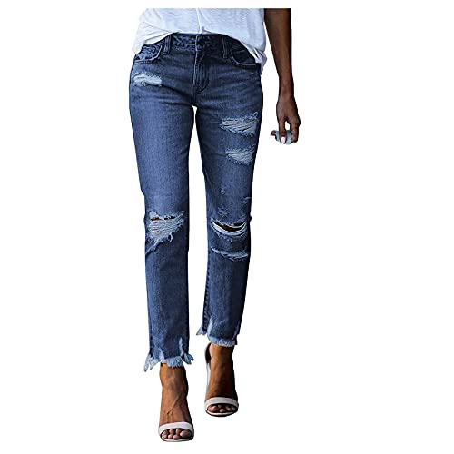 Damen Dehnbare hoch taillierte Boyfriend-Jeans mit geradem Bein und ausgefransten -Denim-Hosen Jeanshosen Für Damen Kurz von Generic