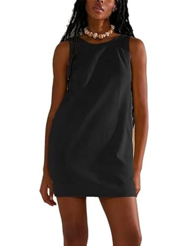 DamenSommer Sonnenschein Minikleid Rundhalsausschnitt Neckholder-Kleid mit tiefem Rücken Lockere Kurze Weste mit Taschen Kleider,Schwarz,S von Generic