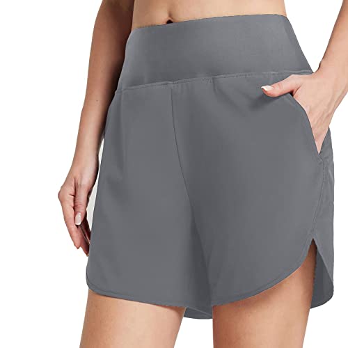 Damenanzug-Shorts, Taillen-Badehose, Kordelzug, Badeanzug, hohe Jungen-Shorts, Tasche, Bademode, Tankini-Set, Sport, Yoga, Shorts, Badehose mit integrierten Leggings, Damen-Badeanzug (03D-Grau, M) von Generic