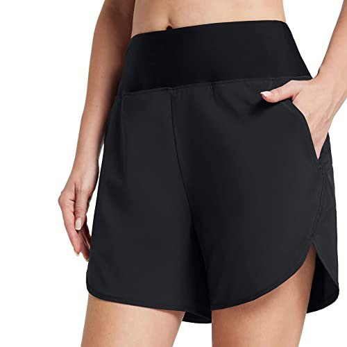 Damenanzug-Shorts, Taillen-Badehose, Kordelzug, Badeanzug, hohe Jungen-Shorts, Tasche, Bademode, Tankini-Set, Sport, Yoga-Shorts, Badehose mit integrierten Leggings, Damen-Badeanzug (03D-Schwarz, L) von Generic