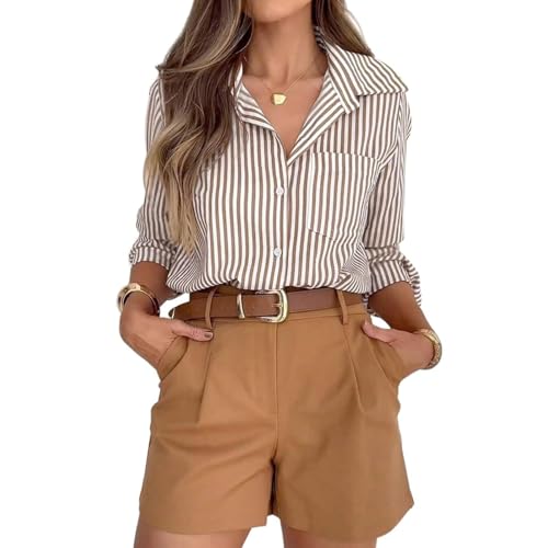 Damenbluse Damen Streifenbluse V-Ausschnitt 3/4 Ärmel Causal Lässige Oberteile Tops Langarmshirt Büro Arbeit Shirts Musselin Hemd Shirts M A Khaki von Generic