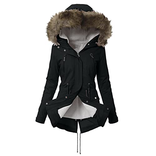 Damenfell mit Kapuzen-Trench Dicke Outbekleidung Winter-Jacke Damenmantel warm Mantle Winterjacke Damen Wasserdicht (Black, XL) von Generic