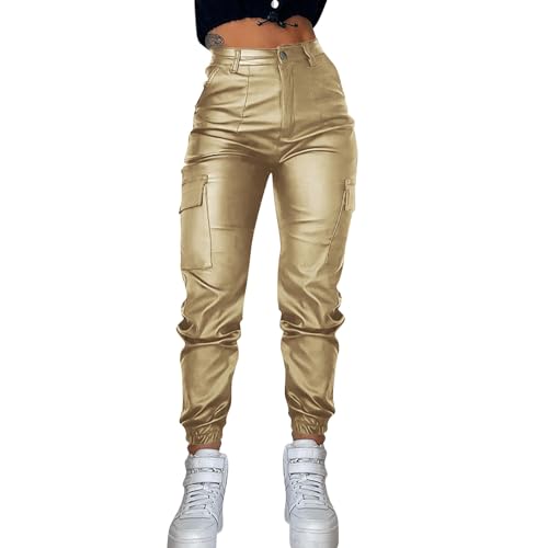 Damenhose mit Reißverschluss, plissiert, stilvoll, schwarz, PU, lässige aufgesetzte Tasche, enge Hose, hohe Taille, extra lange Leggings, gold, XL von Generic