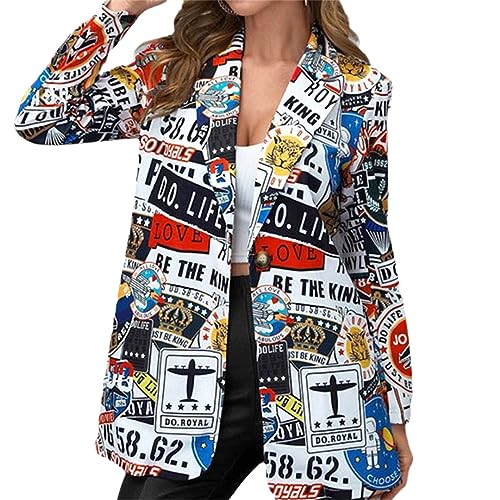 Damenjacke, Retro-Blazer Mit Unregelmäßigem Druck, Damen-High-Street-Revers-Langarmjacke White Prints XL von Generic