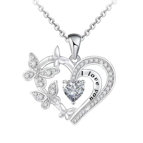 Damenkette Halskette Herz Anhänger Ankerkette Modische Liebesschmetterlingskette Mit Mikroverkrustetem Strassstein „L Love You“, Einfache Damen-Liebeshalskette von Generic