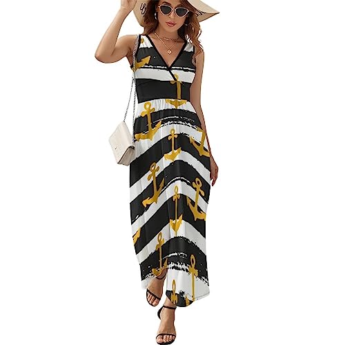 Damenkleid Rüschenkleider Anker Streifen Hintergrund Ärmelloses Kleid Kleid Mit V-Ausschnitt von Generic
