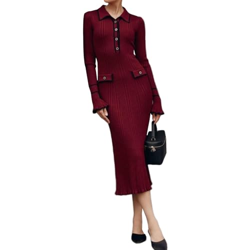 Damenkleider, lässiges Kleid mit V Ausschnitt für Damen, langärmelige Kleider, figurbetontes Damenkleid mit halben Knöpfen, schmales Strickkleid von Generic