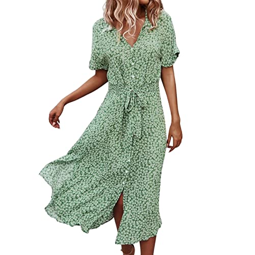 Damenkleider Sommer Lang Boho Kleid Kurzarm V Ausschnitt Strandkleid Damen Kurzarm Blumenkleid Maxikleid mit en Blumen Druck Lace Up Lässiges Swing Langes Kleider Festlich (02-Green, M) von Generic