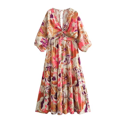 Damenkleider Sommer Raglanärmel V-Ausschnitt Langes Kleid Blumendruckrock Lockerer A-Linien-Langer Rock-Rot-L von Generic