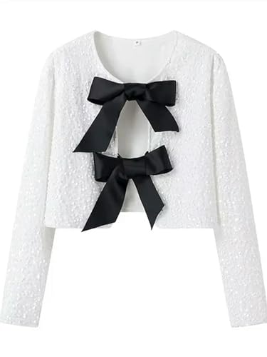 Damenmode, süße Schleife, Strickjacke, Party-Stil, O-Ausschnitt, langärmelig, Kurze Jacke, Jacke-as2-L von Generic