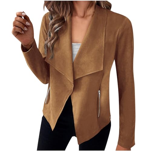 Damenmode Faux Wildleder Jacken 2024 Frühling Sommer Kleidung Revers Langarm Offene Vorderseite Oberbekleidung Cropped Mäntel,Light Brown,M von Generic